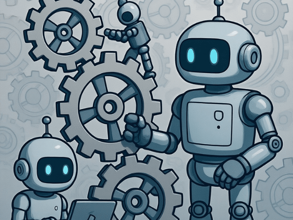 Robots and gears representing AI automation